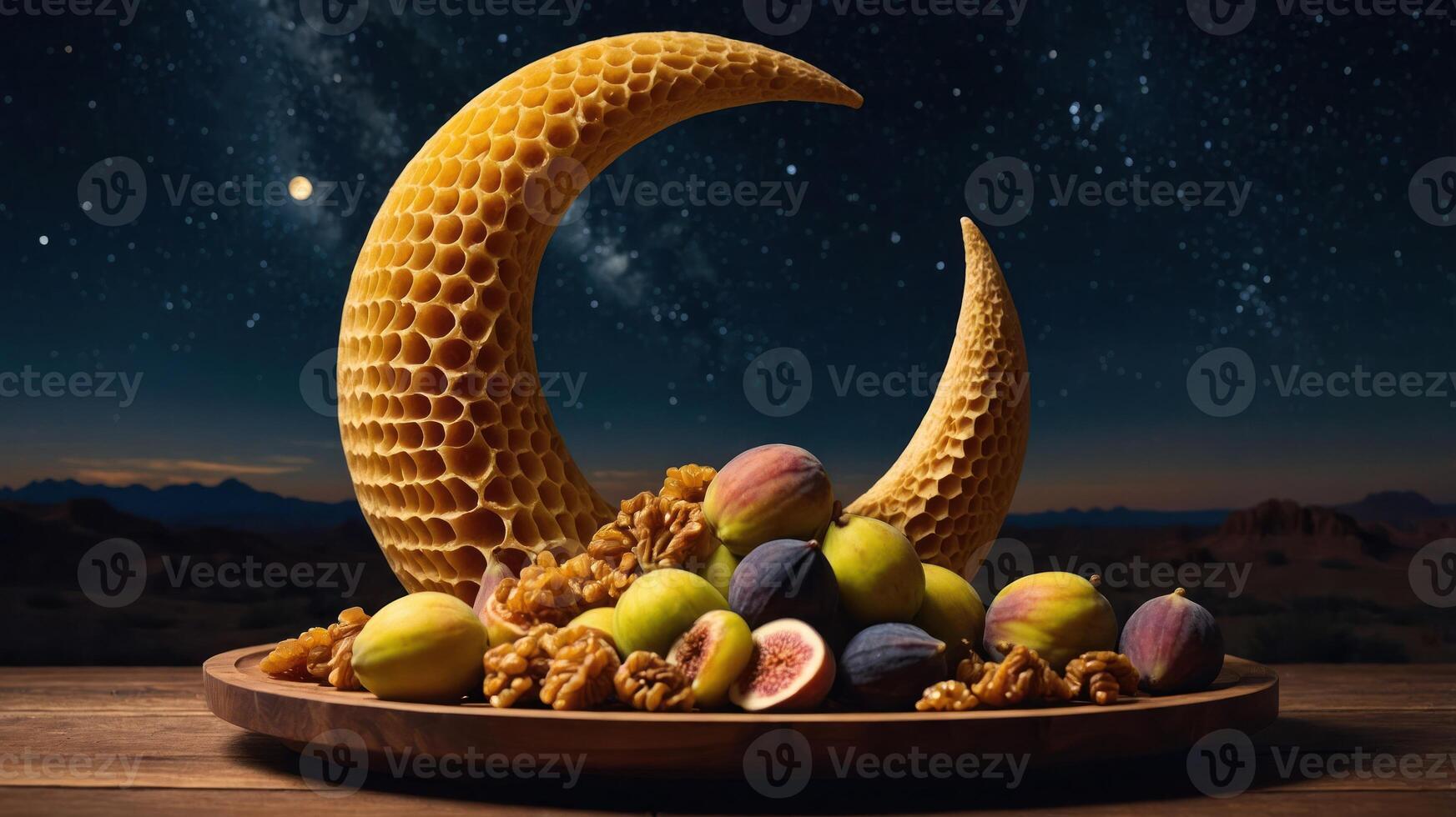 Fruit and Nuts Arrangement with Moon Shape Against Night Sky photo