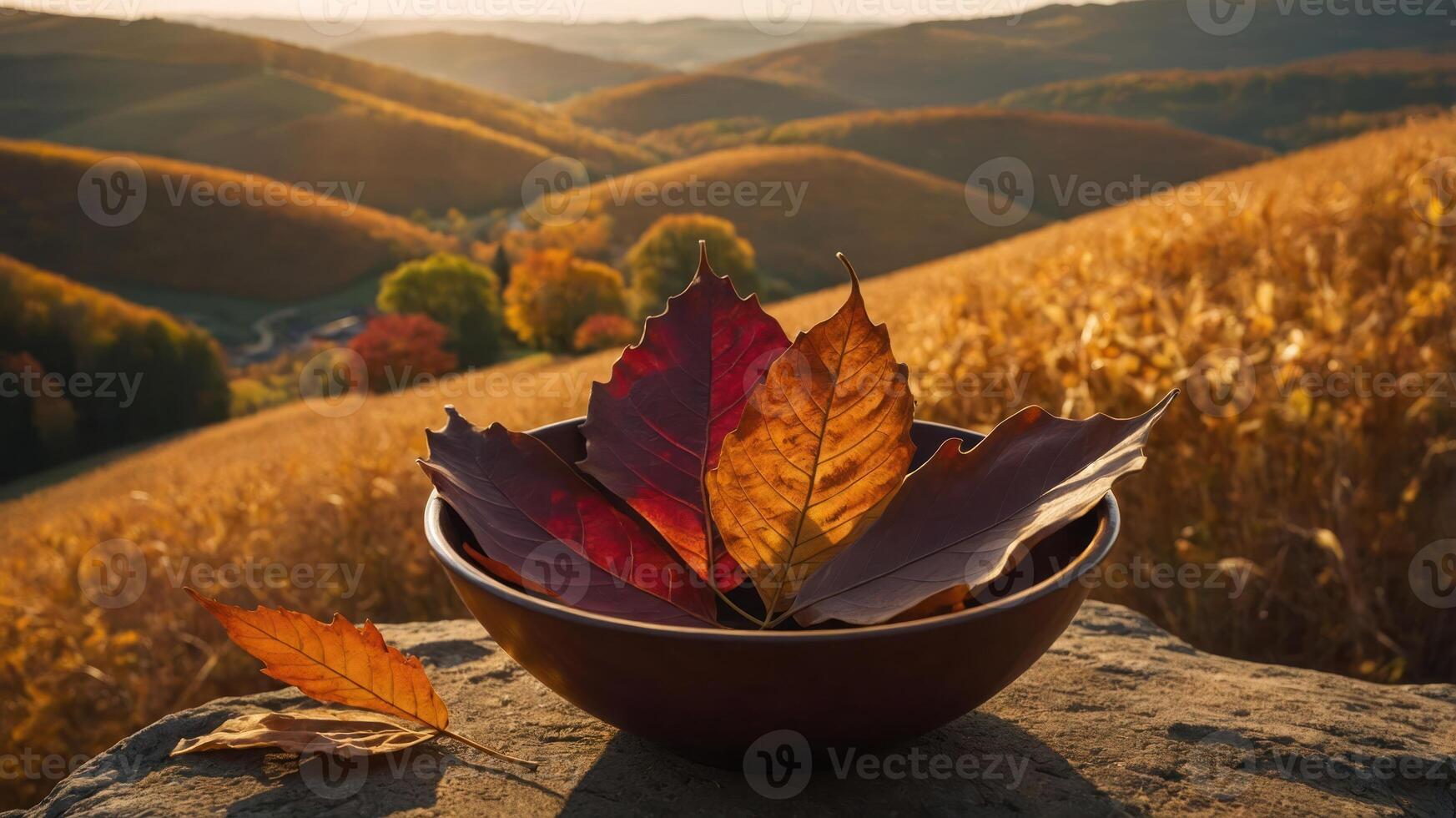 Autumn Leaves in Bowl with Rolling Hills Landscape Scenery photo