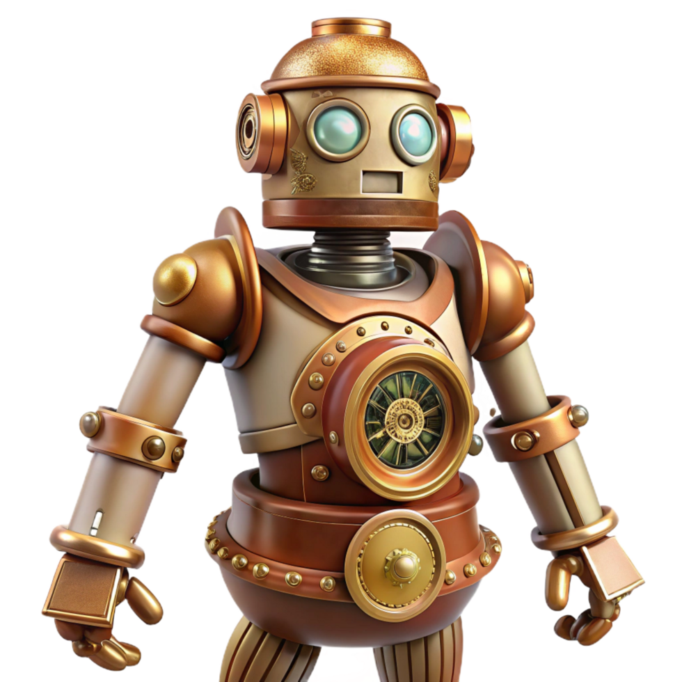 melancholic fascinating Steampunk automaton, intricate clockwork figure. NO BACKGROUND with Transparent Background. museum quality png