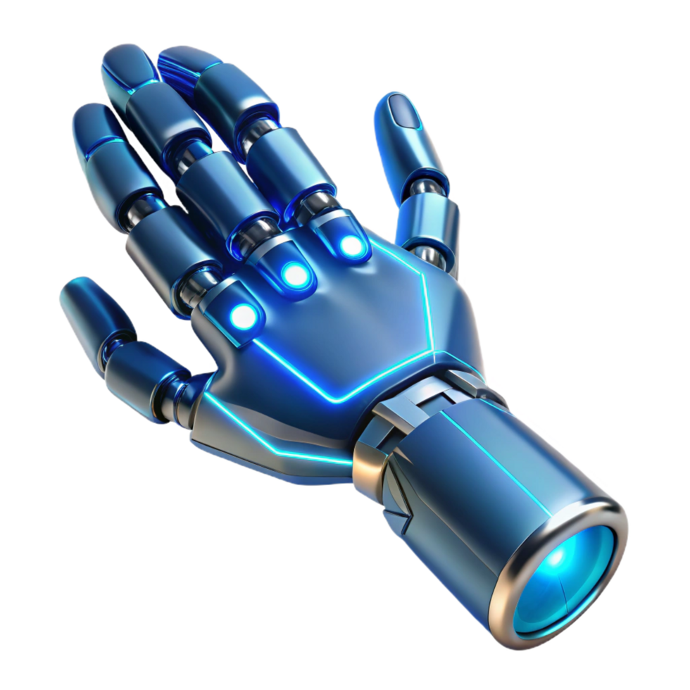 energetic captivating Cybernetic prosthetic arm with glowing blue circuitry. NO BACKGROUND with Transparent Background. perfect clarity png