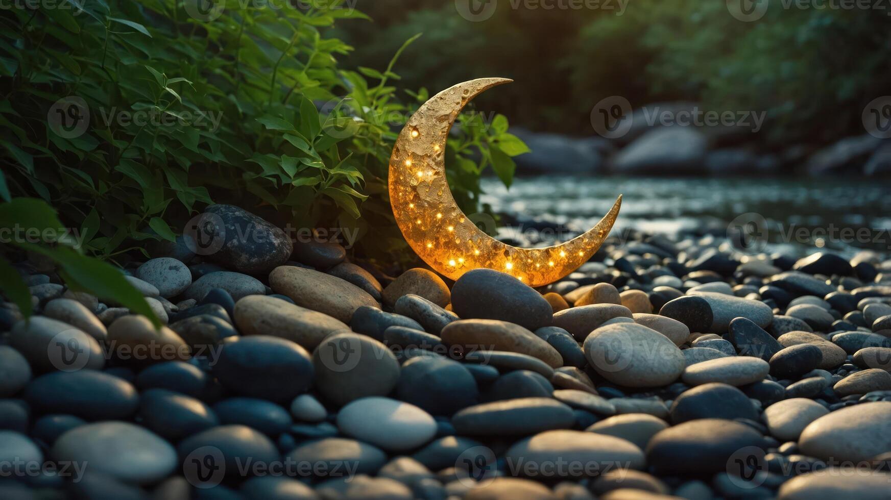 Glowing Crescent Moon on Pebble Beach Near River with Greenery photo