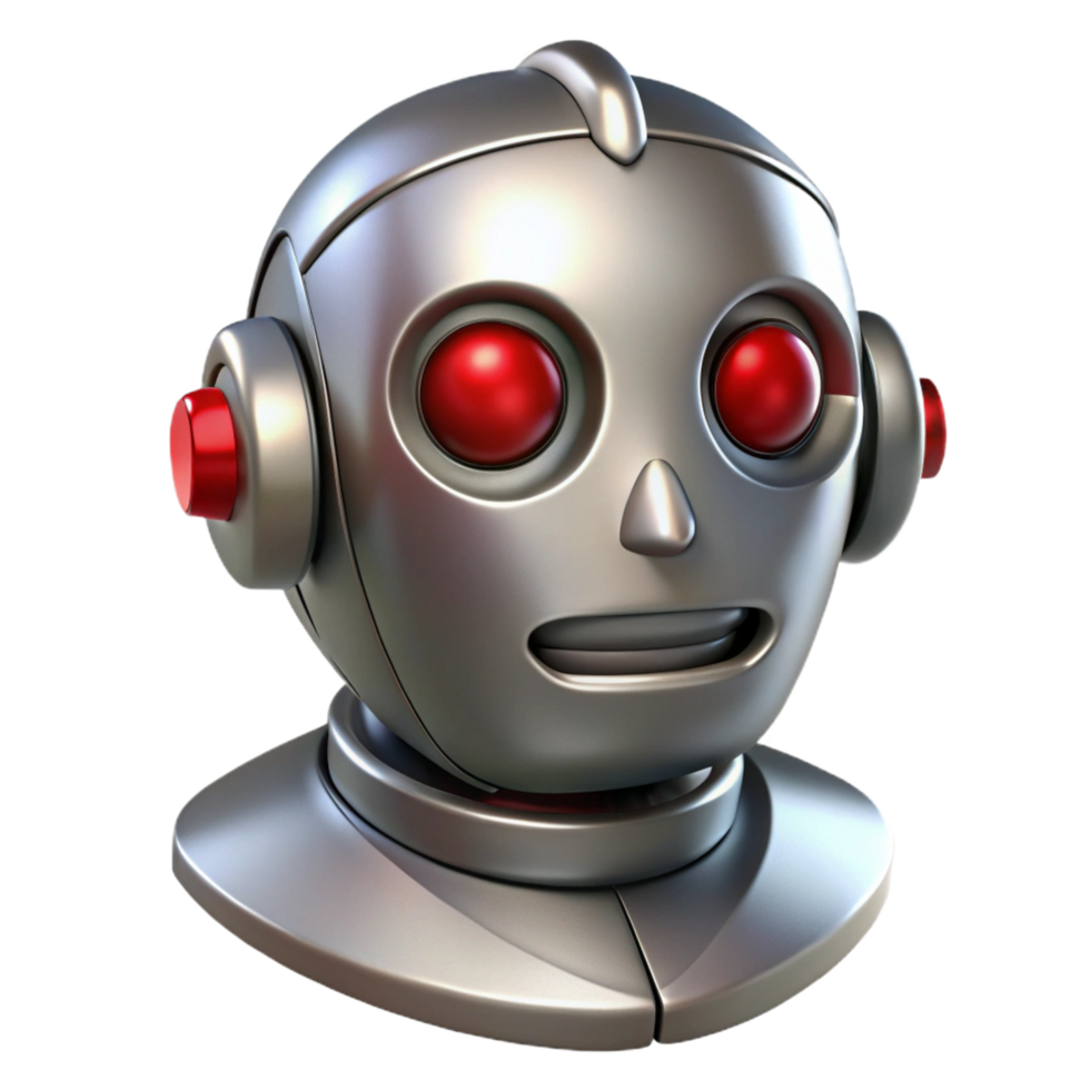 striking baroque Sleek silver robot head with glowing red eyes. NO BACKGROUND with Transparent Background. high quality png