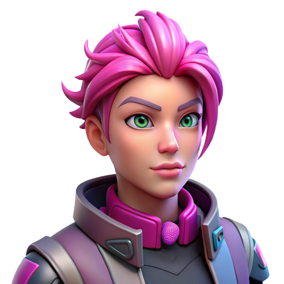 tranquil immaculate Cyberpunk character portrait with vibrant pink hair and cybernetic implants. NO BACKGROUND with Transparent Background. handcrafted png