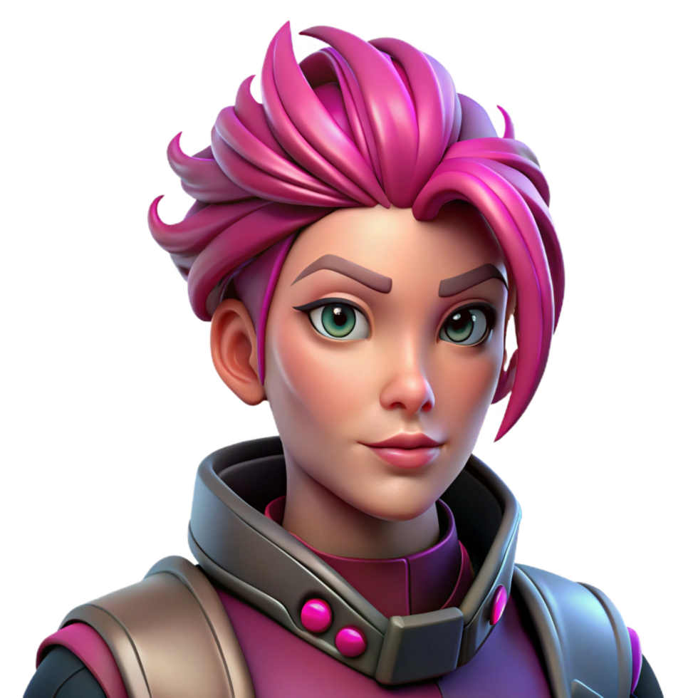 whimsical captivating Cyberpunk character portrait with vibrant pink hair and cybernetic implants. NO BACKGROUND with Transparent Background. handcrafted png