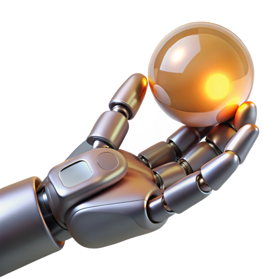 standout geometric Metallic robotic hand holding a glowing orb. NO BACKGROUND with Transparent Background. fine detail png
