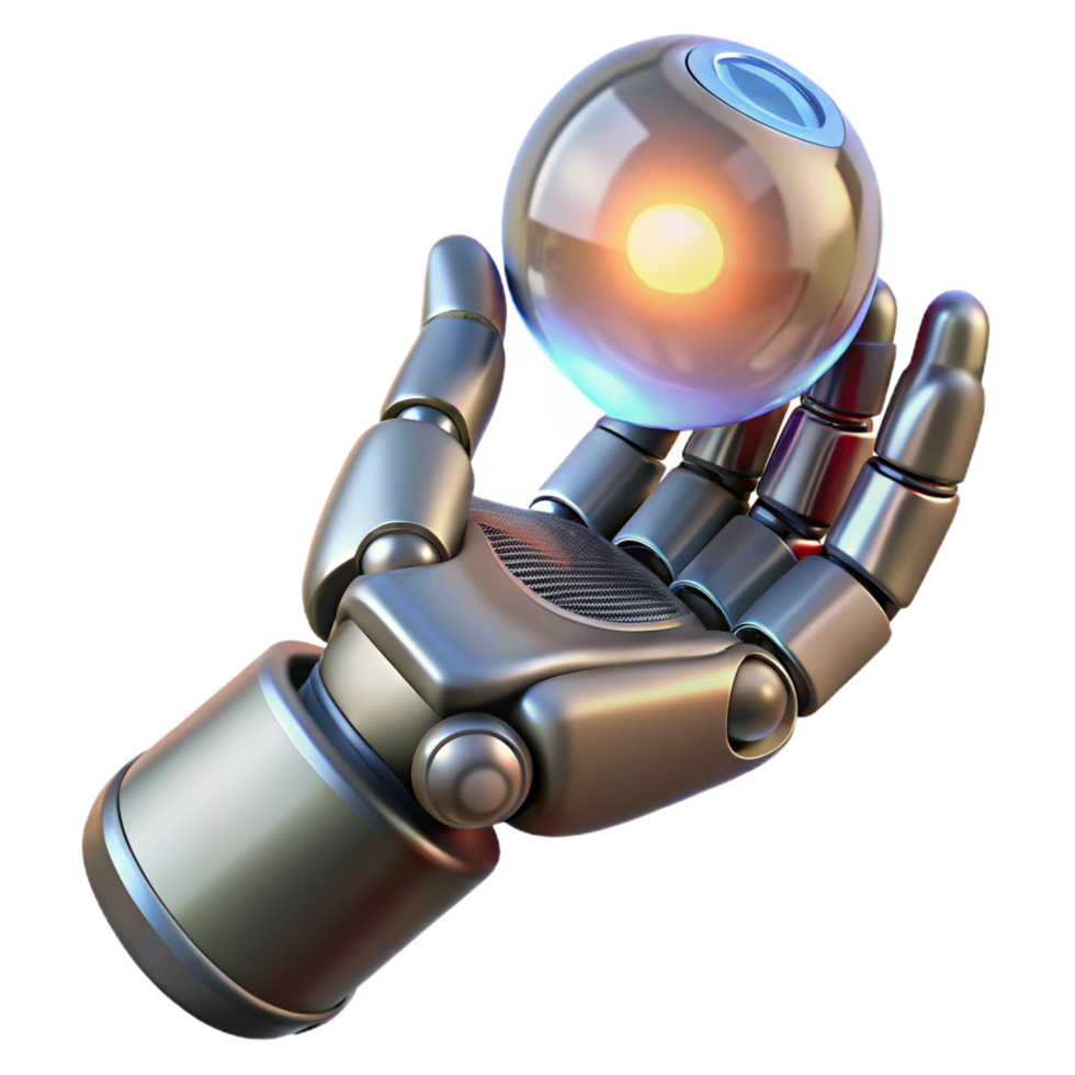 elegant distinctive Metallic robotic hand holding a glowing orb. NO BACKGROUND with Transparent Background. png