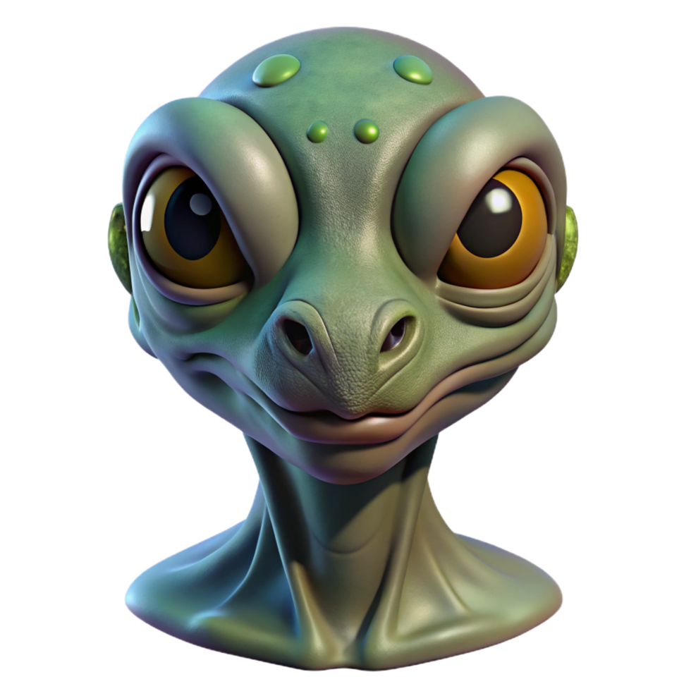 rare elegant Alien creature head, reptilian with three eyes. NO BACKGROUND with Transparent Background. handcrafted png