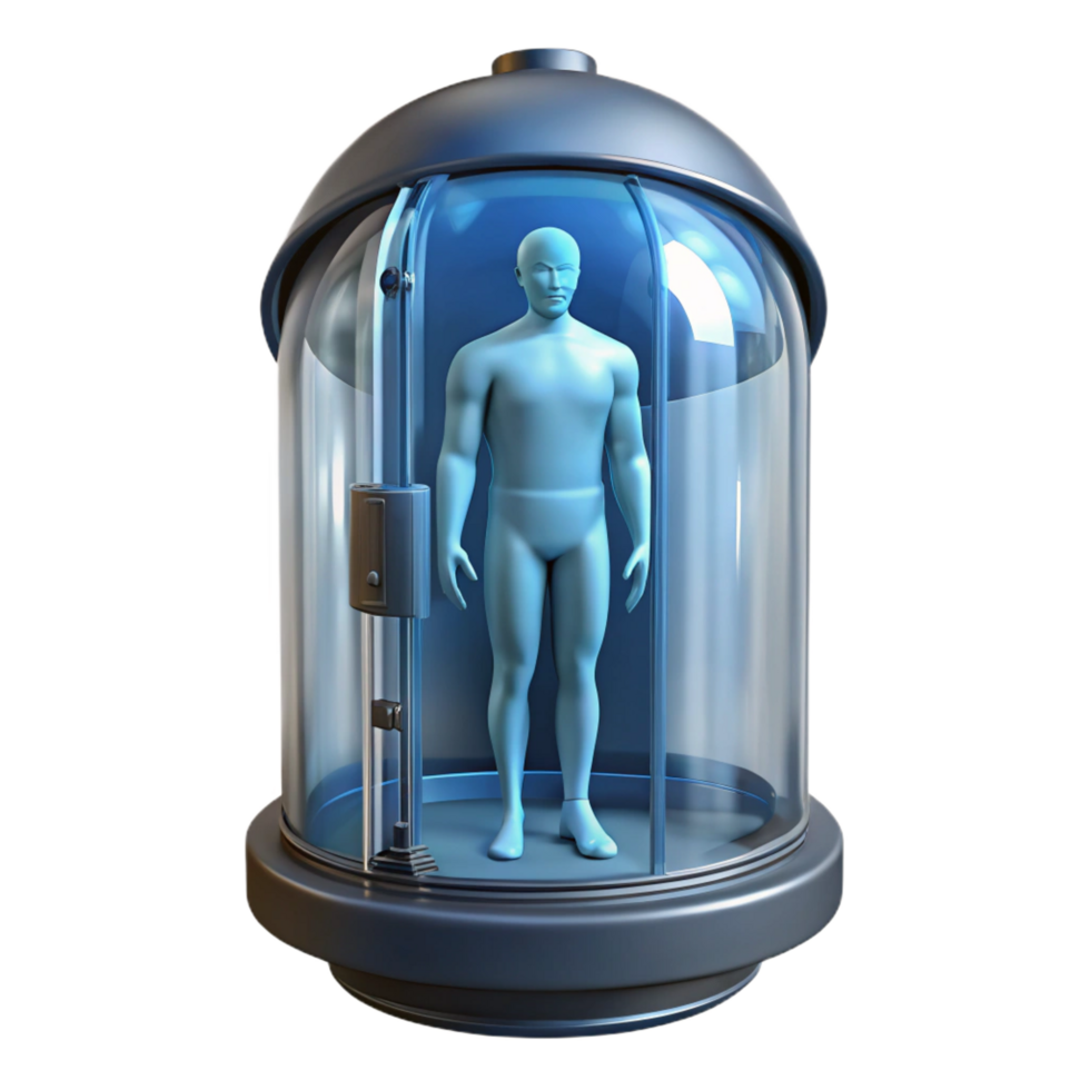 radiant whimsical surreal Cryogenic stasis pod with a visible human silhouette inside. NO BACKGROUND with Transparent Background. 8K png