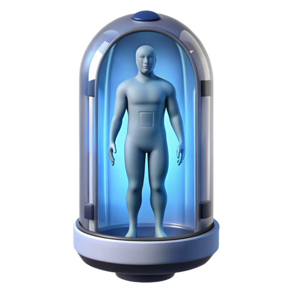memorable coastal Cryogenic stasis pod with a visible human silhouette inside. NO BACKGROUND with Transparent Background. original png