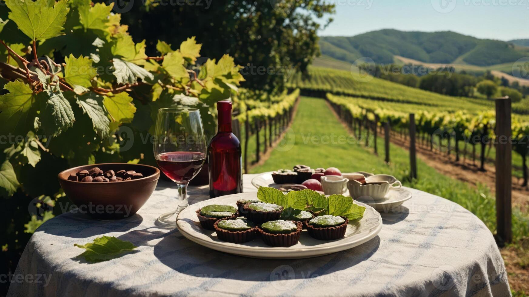 Table Setting with Wine, Tarts, and Grapes in Vineyard photo