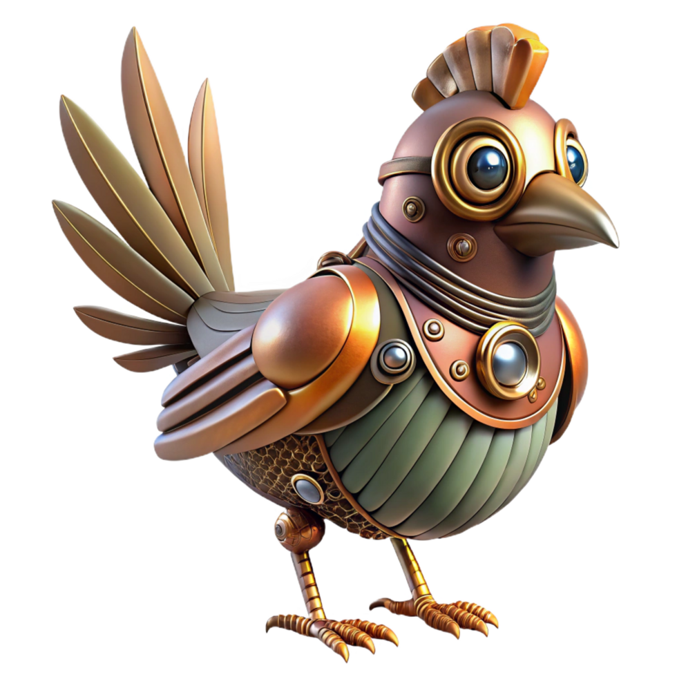 reflective immaculate Steampunk bird automaton with intricate clockwork and metal feathers. NO BACKGROUND with Transparent Background. expertly shot png