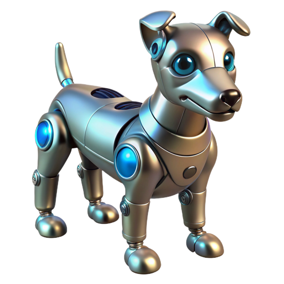 playful breathtaking Robotic dog with metallic plating and glowing sensors. NO BACKGROUND with Transparent Background. flawless png