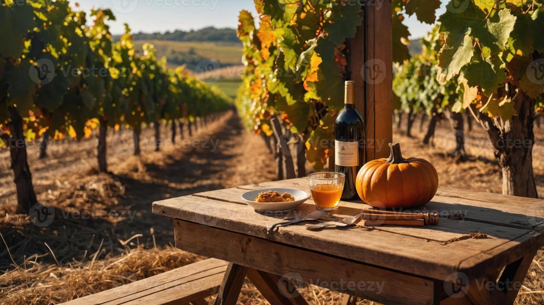 Wine and Pumpkin on Table in Vineyard with Autumn Colors photo
