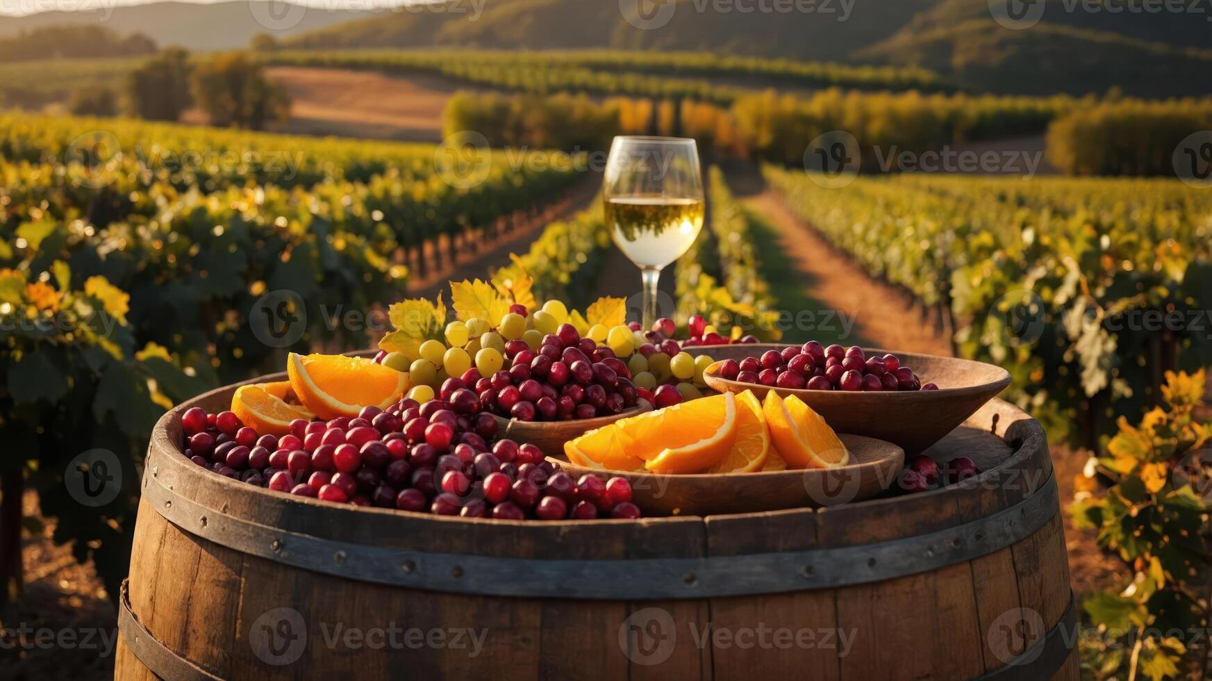 Wine Tasting at Vineyard with Fruit and Glass on Wooden Barrel photo