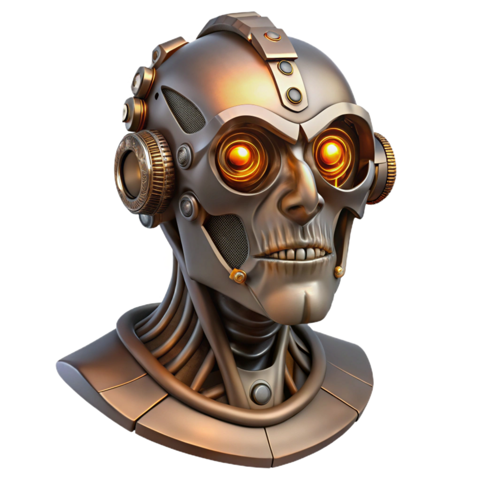 iconic bohemian Steampunk cyborg head with exposed mechanics and glowing eyes. NO BACKGROUND with Transparent Background. gallery standard png