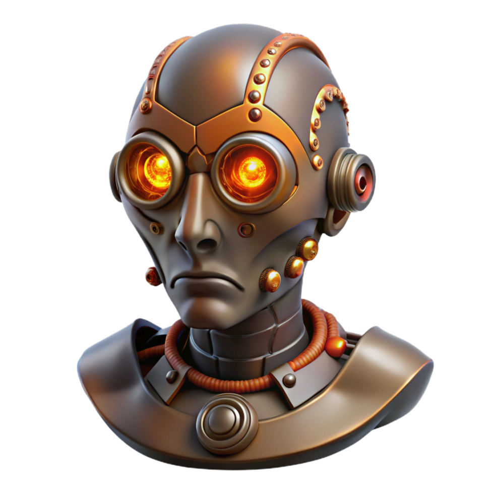 dazzling victorian Steampunk cyborg head with exposed mechanics and glowing eyes. NO BACKGROUND with Transparent Background. crisp png