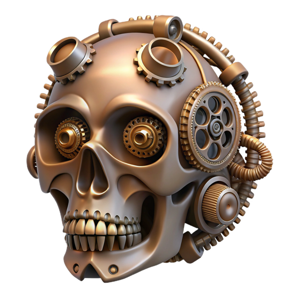 impressive timeless Steampunk skull with gears and pipes interwoven throughout. NO BACKGROUND with Transparent Background. png