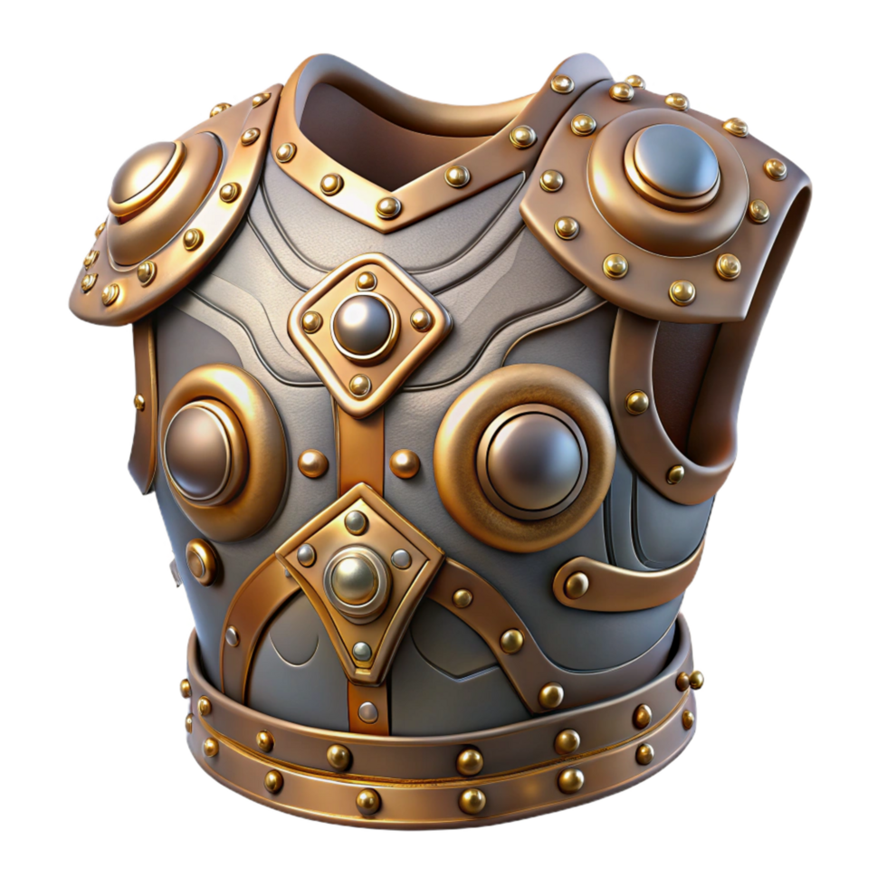 dazzling inspired Steampunk armor breastplate with intricate metal plating and rivets. NO BACKGROUND with Transparent Background. png