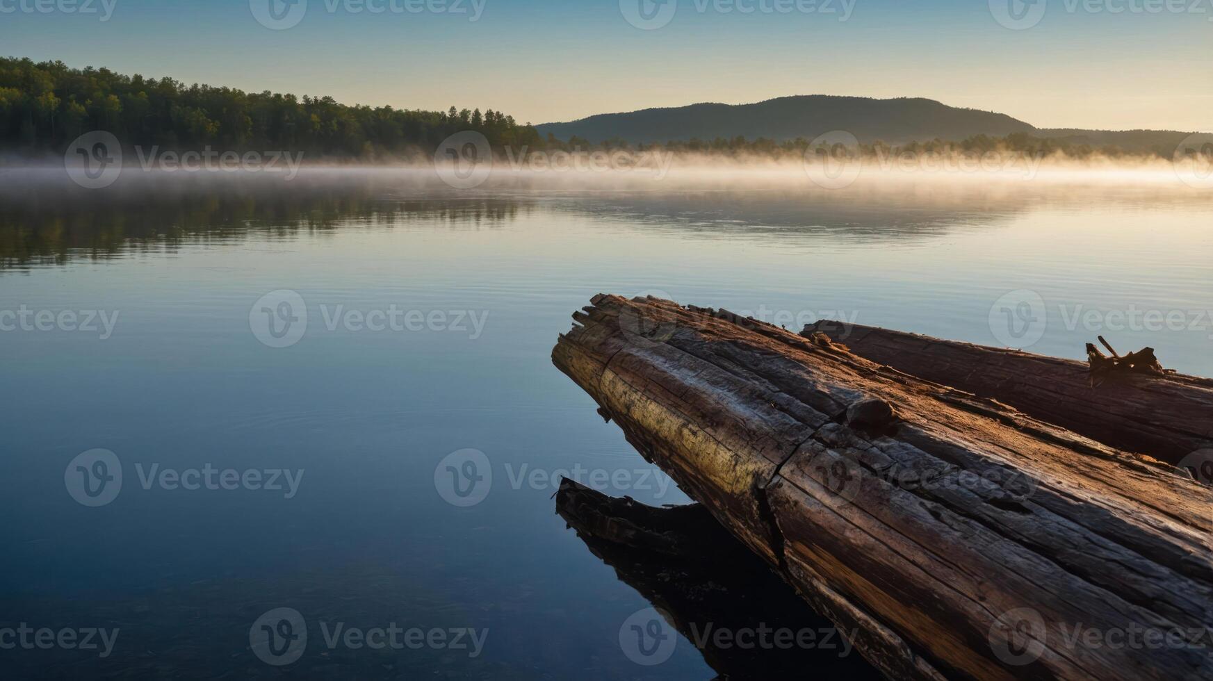 Calm Lake Scene with Fog Rolling Over Water and Fallen Log photo