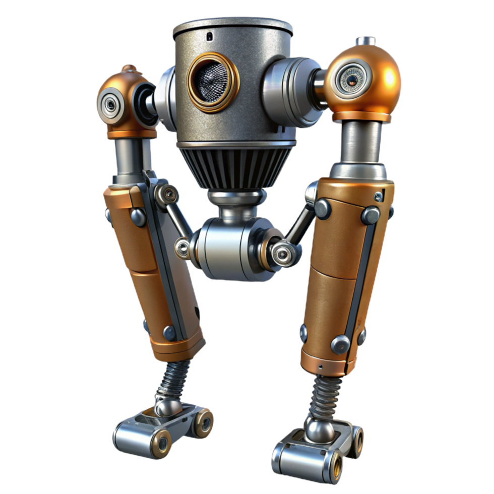 exquisite celebrated Steampunk robotic leg with articulated joints and exposed pistons. NO BACKGROUND with Transparent Background. png