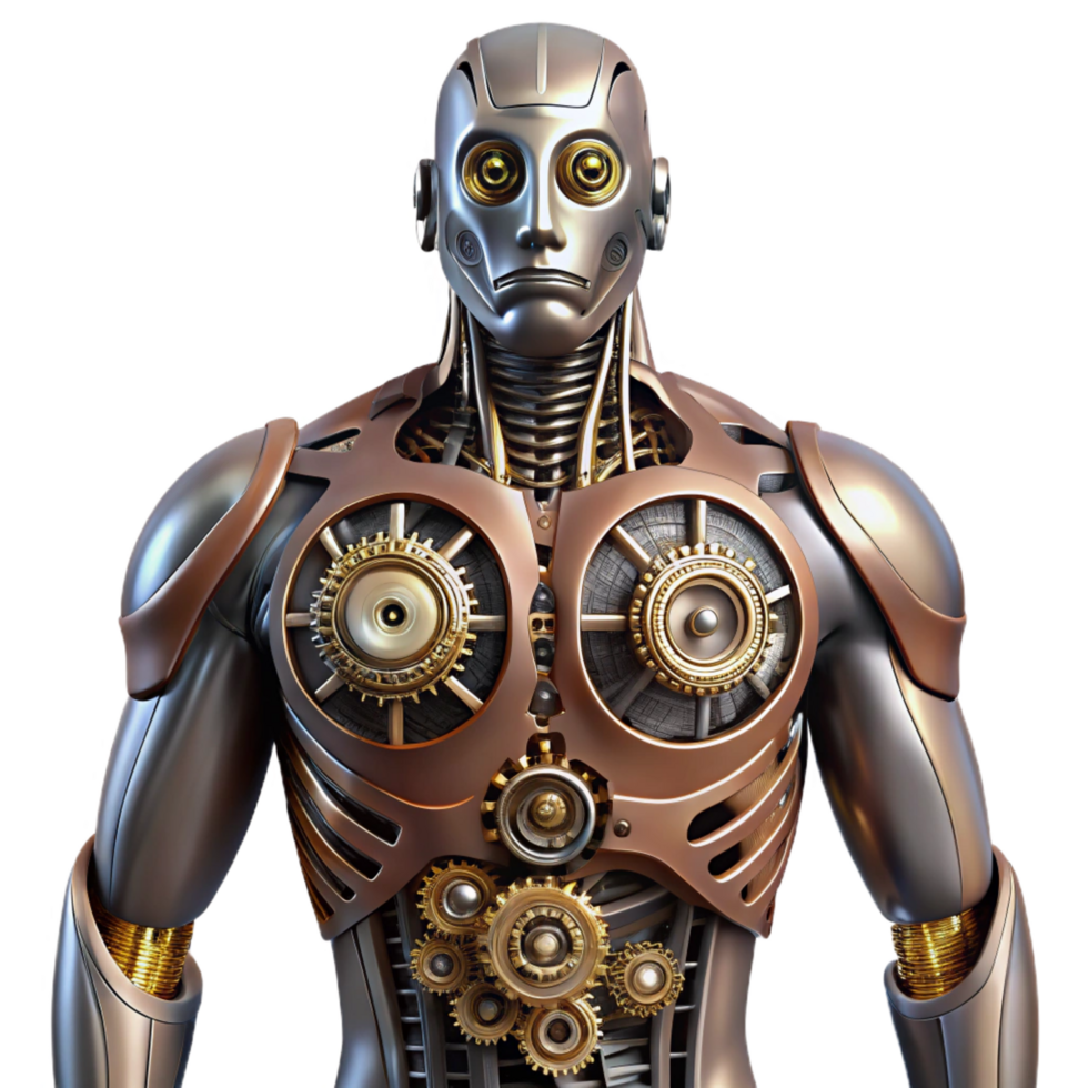 spectacular minimalist Steampunk robotic torso with exposed gears and intricate wiring. NO BACKGROUND with Transparent Background. professional png