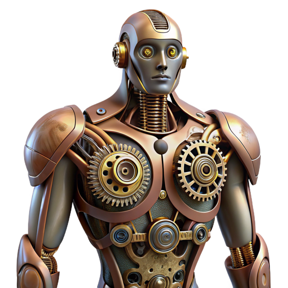 joyful wonderful Steampunk robotic torso with exposed gears and intricate wiring. NO BACKGROUND with Transparent Background. fine detail png
