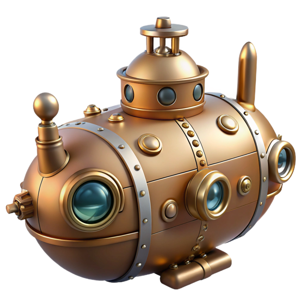 inspired avant-garde Steampunk submarine miniature with intricate details and portholes. NO BACKGROUND with Transparent Background. masterfully captured png