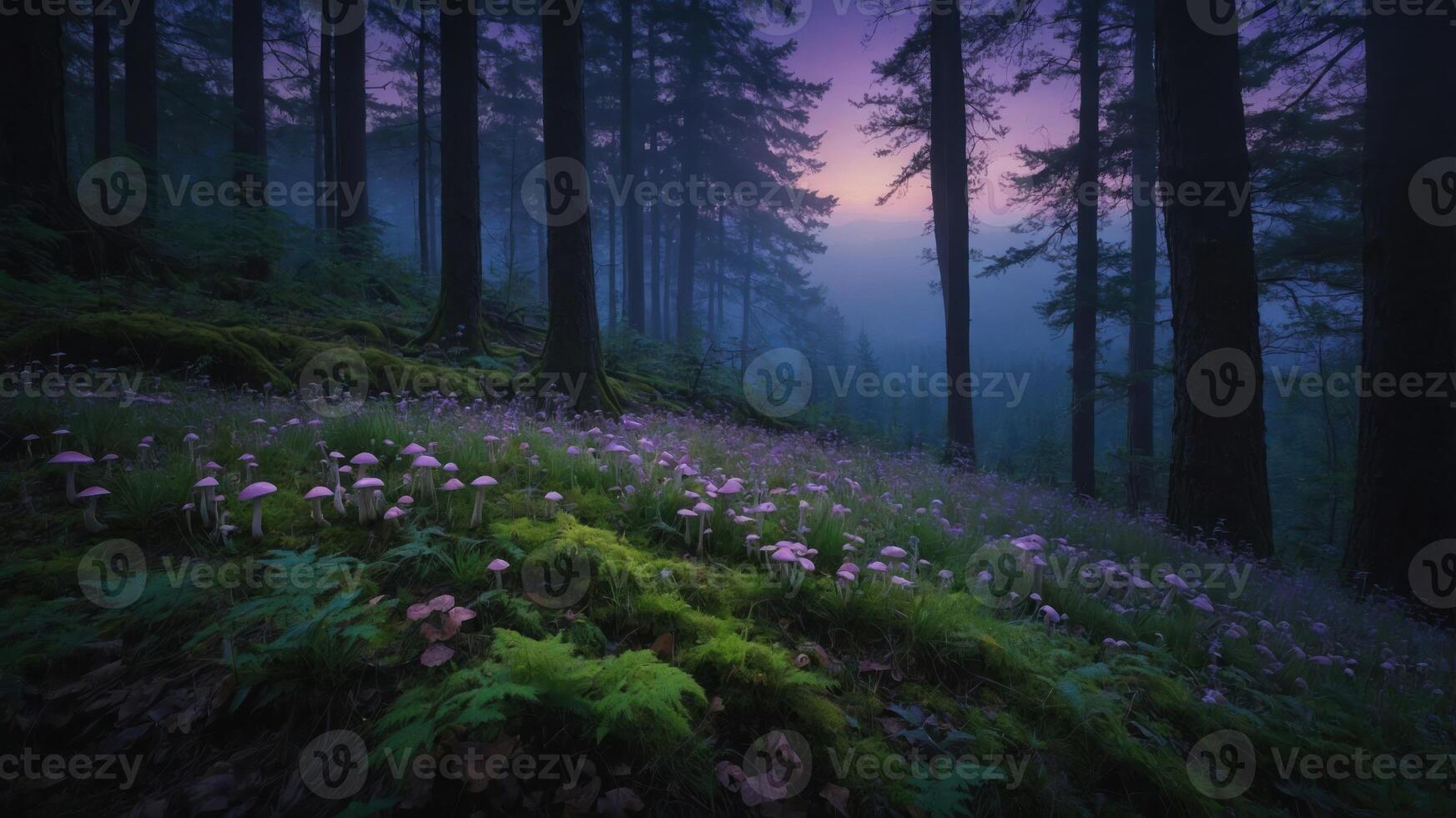 Mystical Mushroom Meadow in a Dark Forest with Evening Sky photo