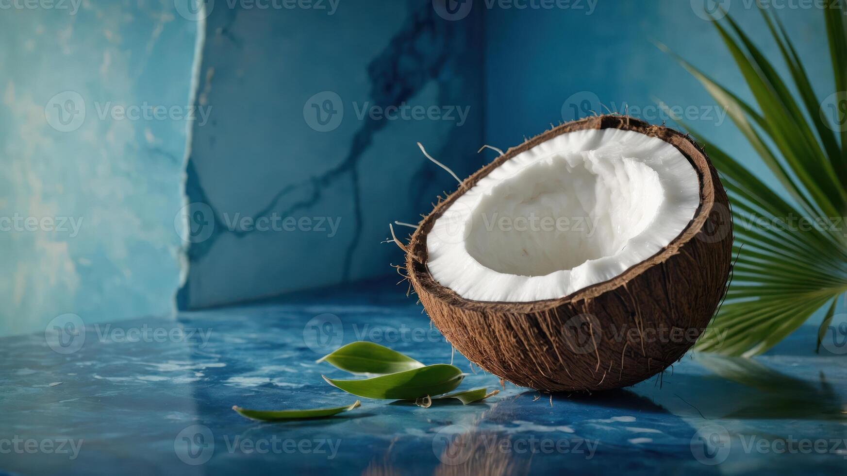 Fresh Coconut Halved with Palm Leaf on Marble Surface Setting photo