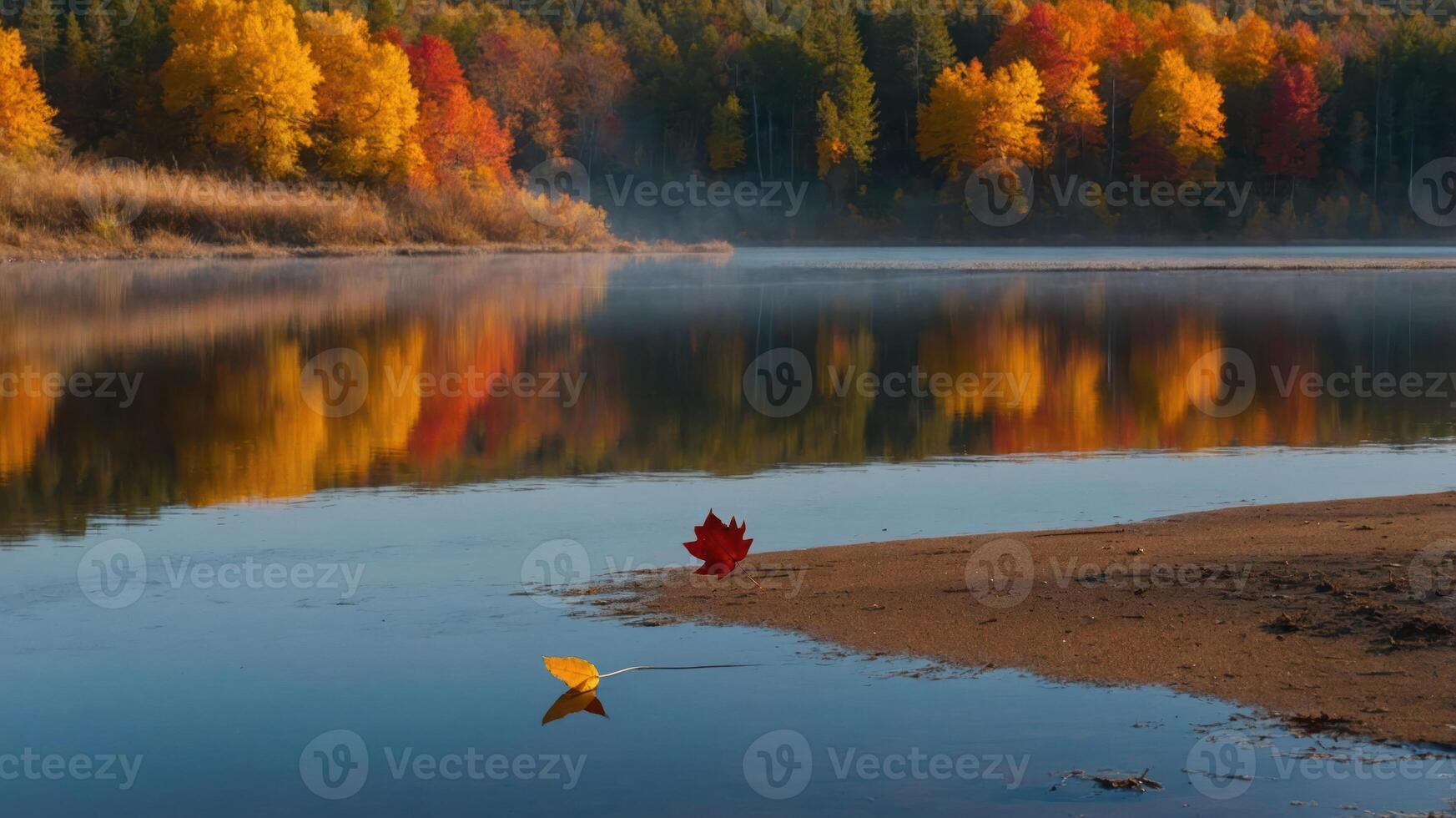 Autumn River Reflecting Colorful Trees with Fallen Leaves on Shore photo