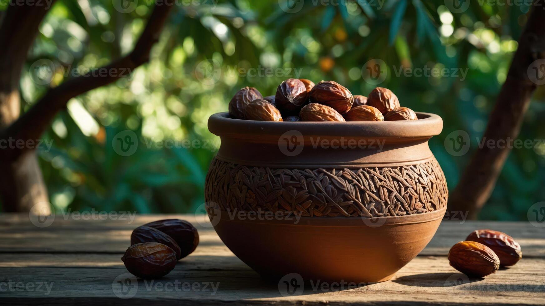 Dates in Earthen Bowl on Wooden Table with Blurred Greenery Background photo