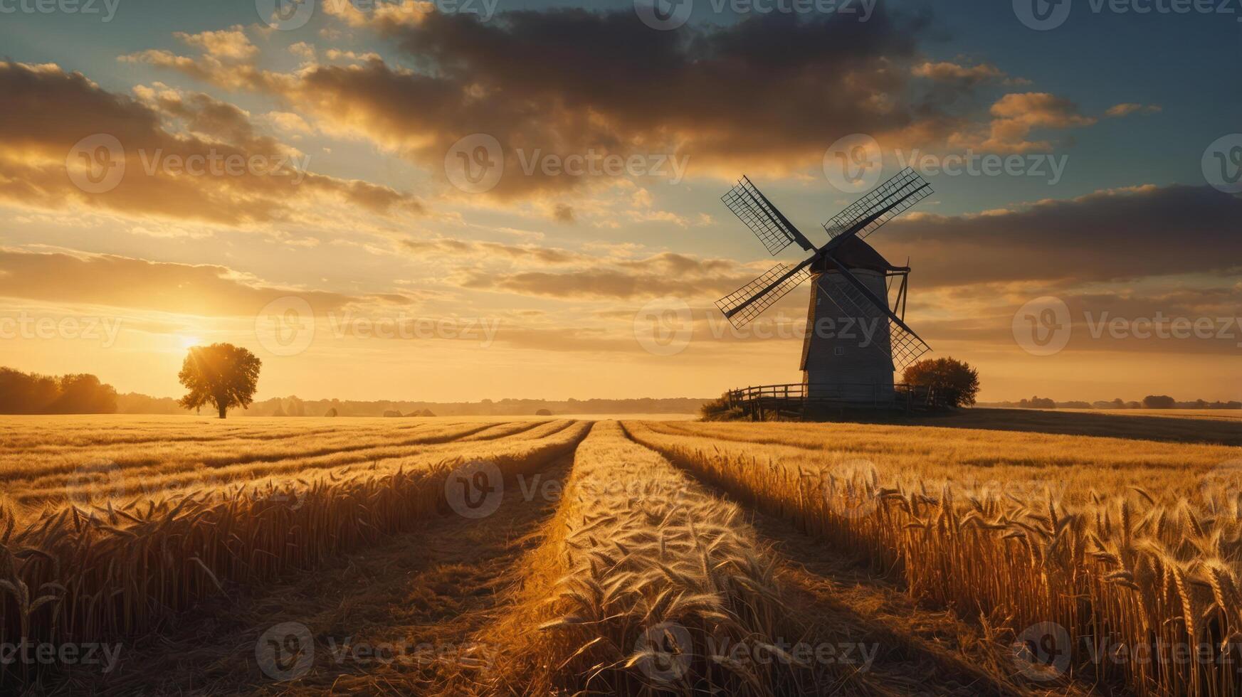 Windmill Standing in Golden Wheat Field During a Scenic Sunset photo