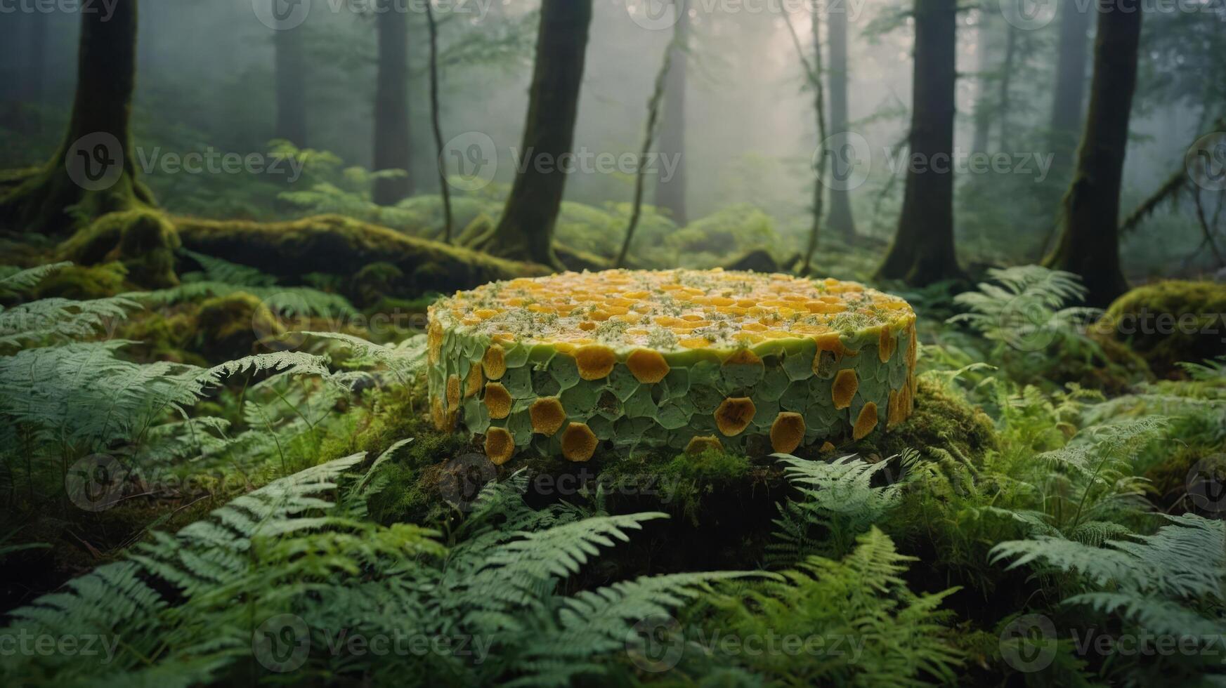 Mysterious Cake Displayed in Forest Amidst Ferns and Mossy Trees photo
