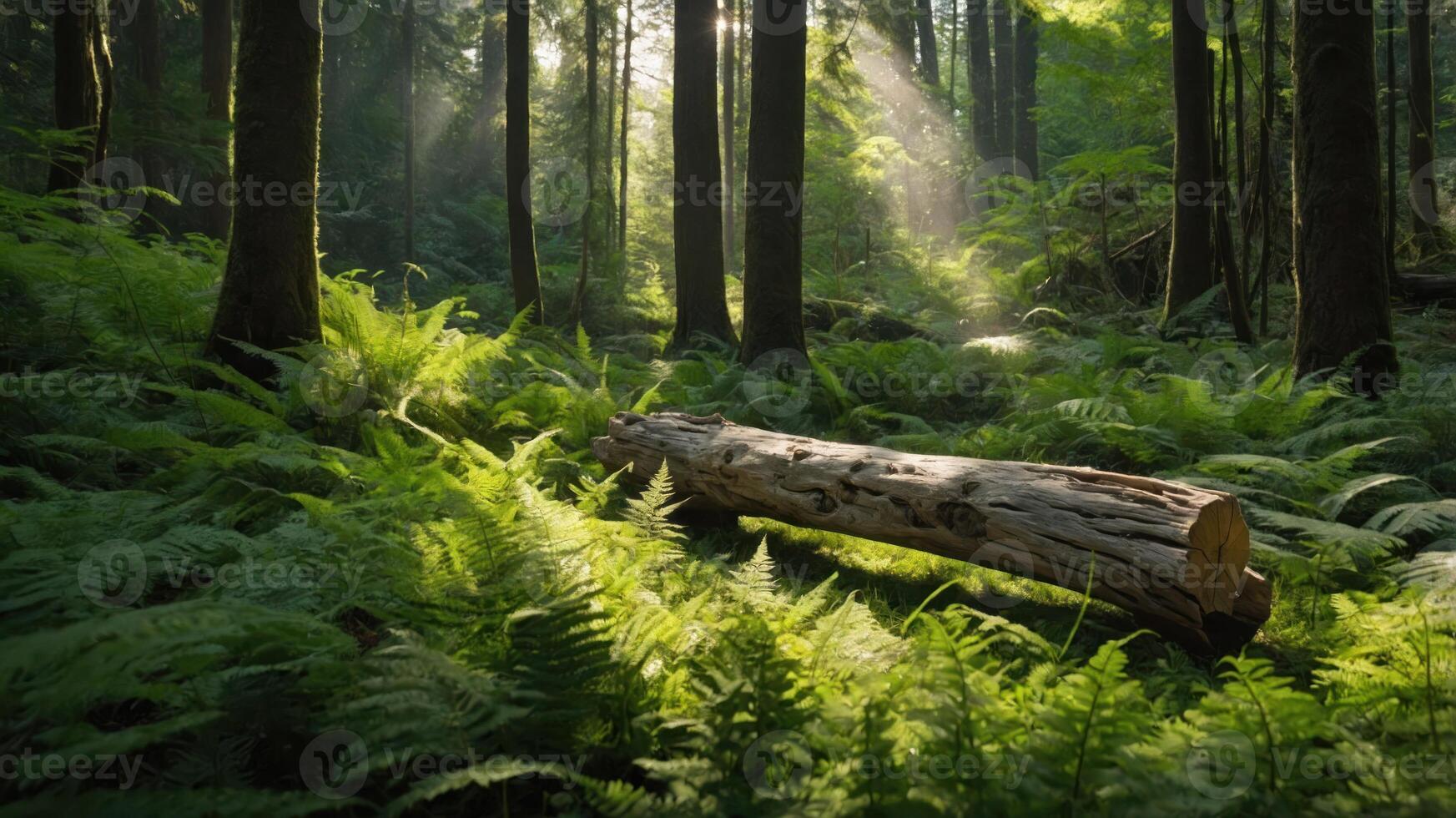 Walking in Forest Scene with Fallen Log and Sunrays Streaming Down photo