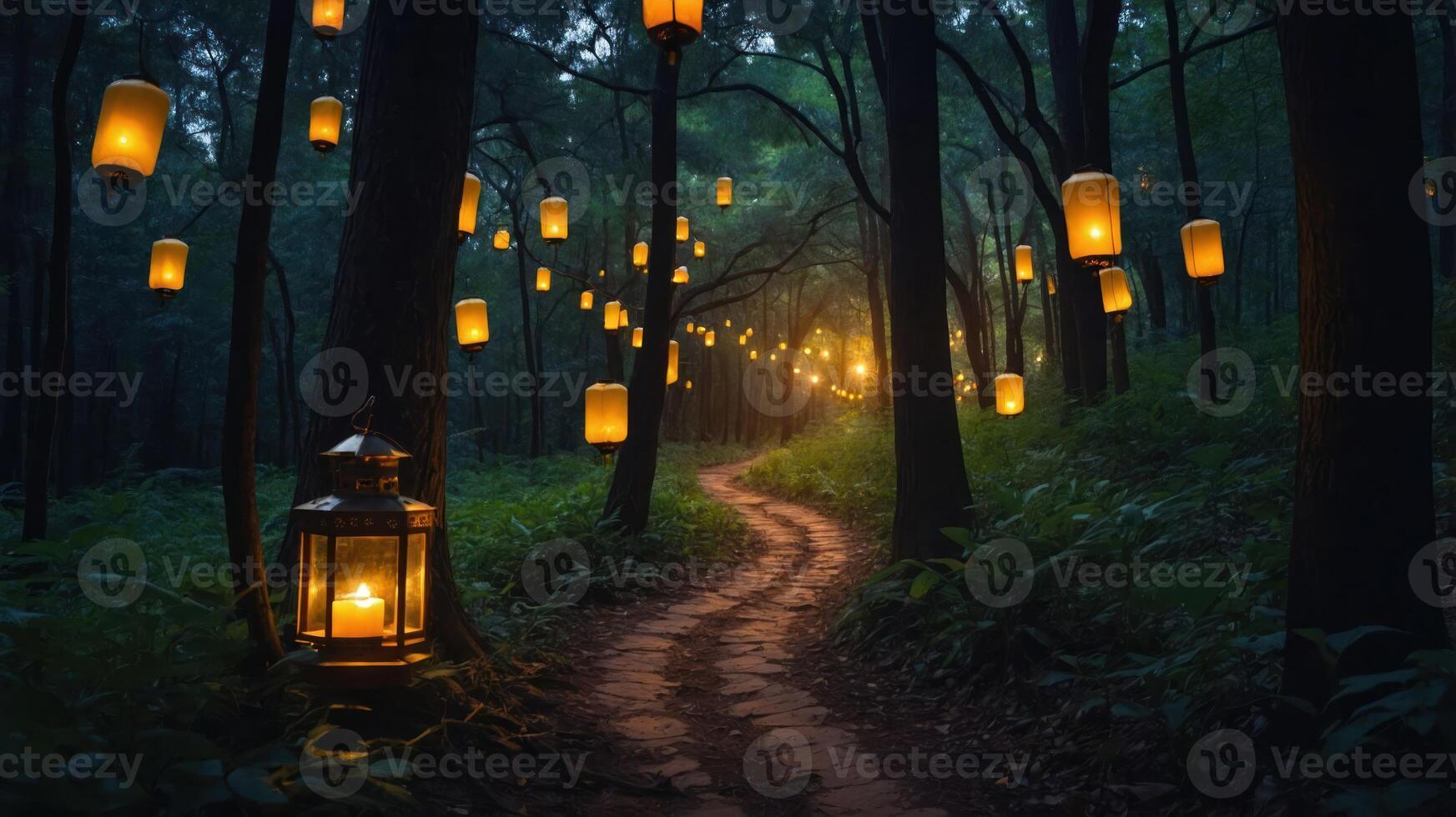 Walking on Forest Path Illuminated with Glowing Lanterns Hanging Overhead photo
