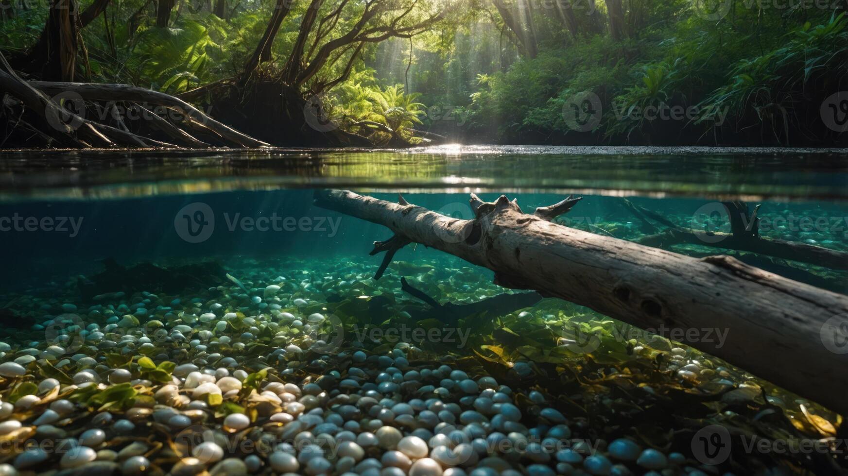 Underwater River Bed with Fallen Tree Trunk and Forest View photo