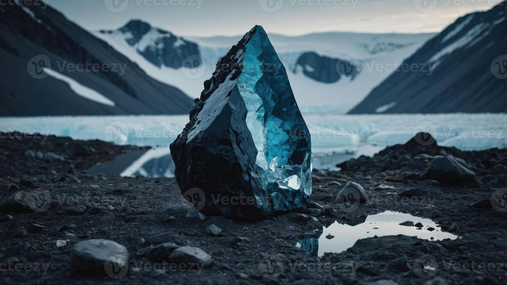 Standing Ice Formation with Glacier and Mountains in the Distance photo