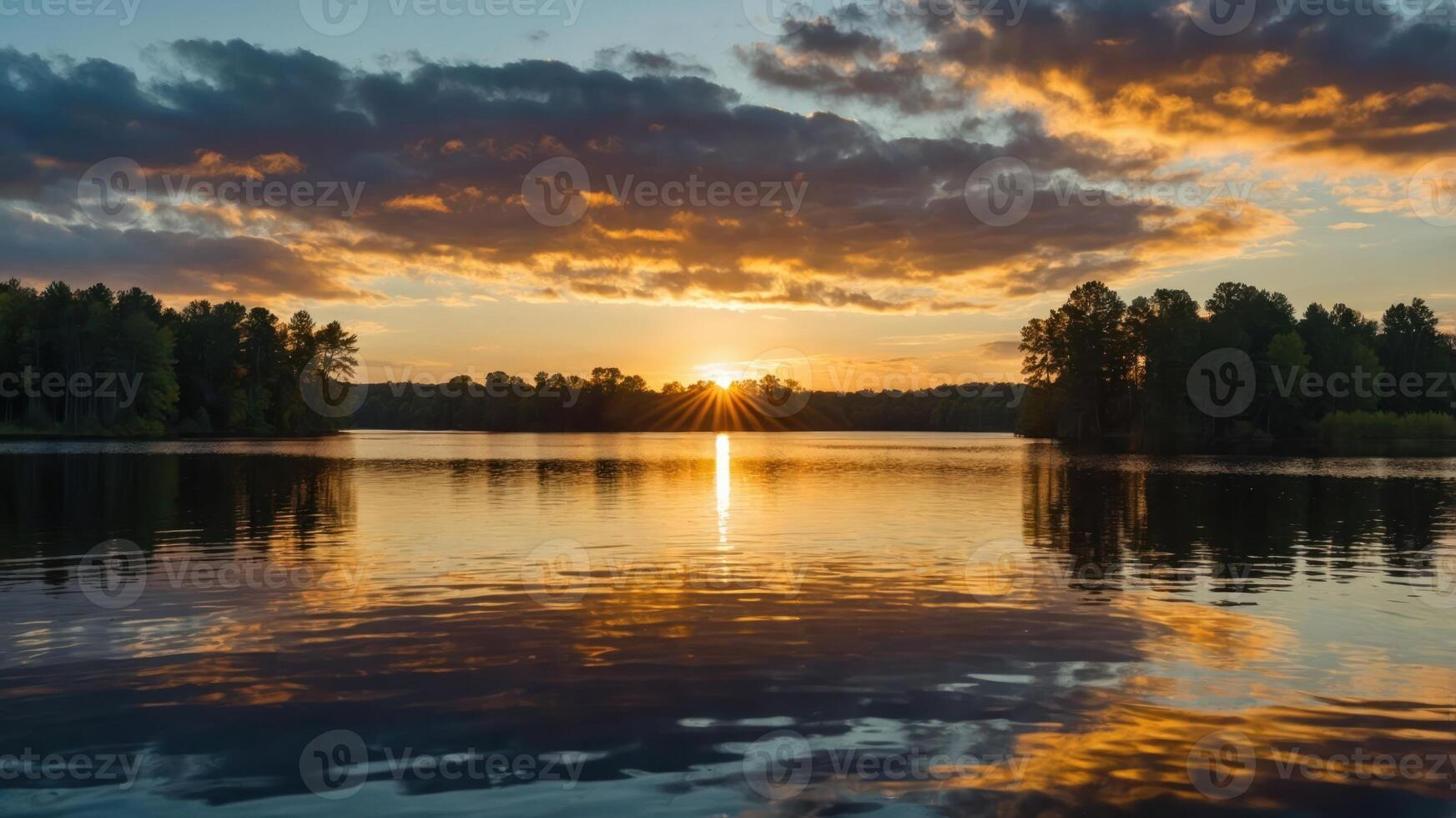 Lake Reflecting Dramatic Sunset with Forest Landscape at Dusk photo
