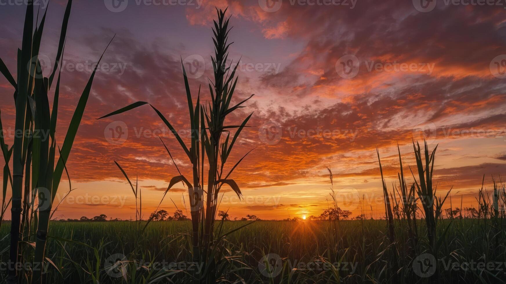 Sugarcane Field Glowing at Sunset with Vibrant Clouds in Sky photo