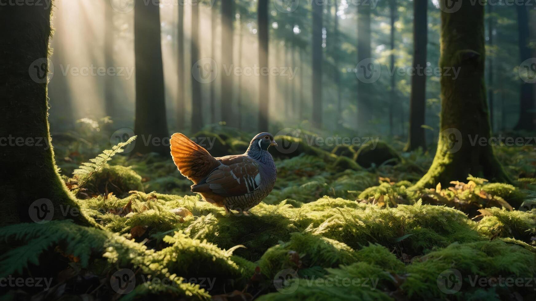 Bird Standing on Mossy Forest Floor with Sun Rays Shining Through photo