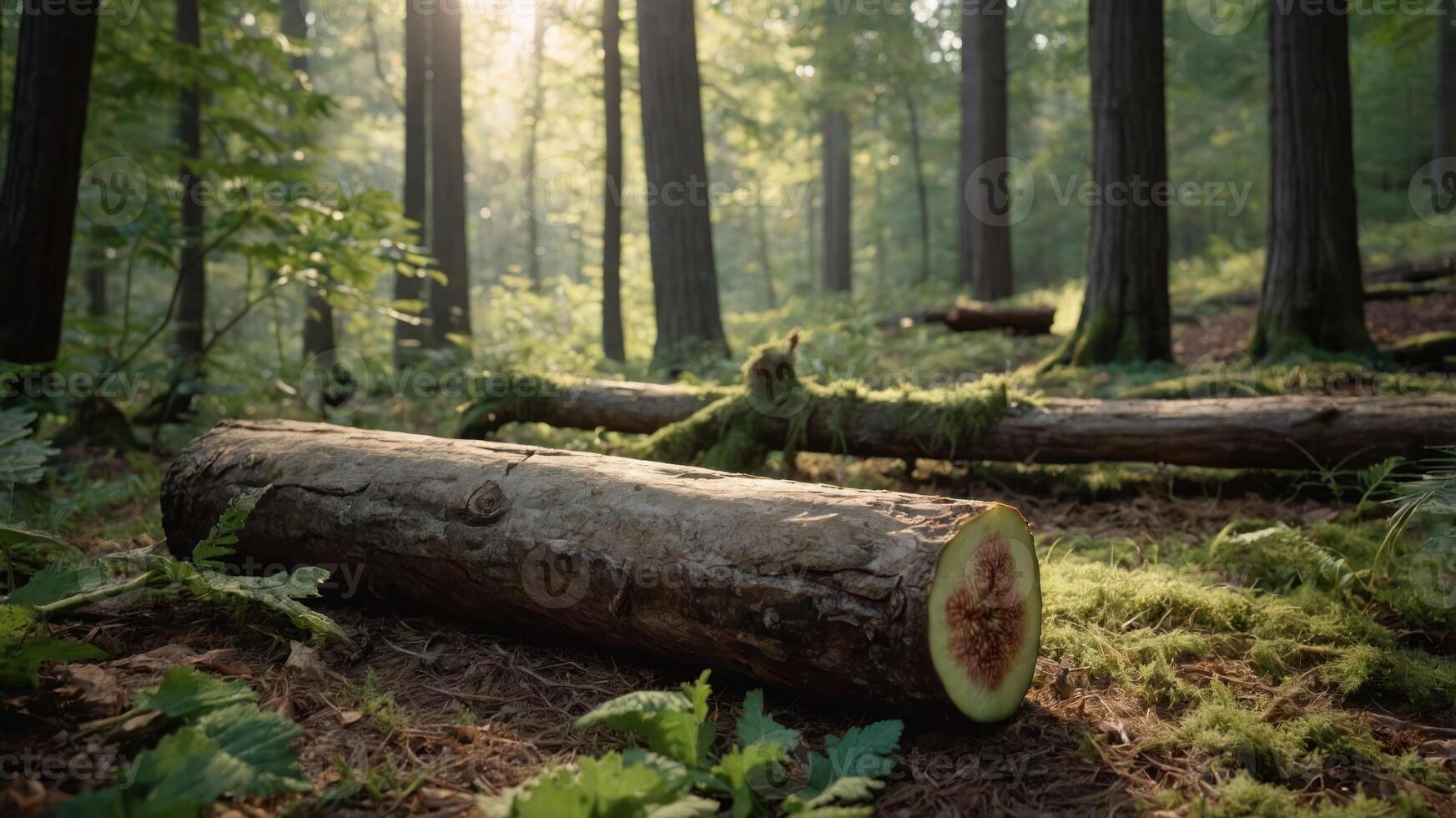 Log Resting in Forest Clearing with Moss and Sunlight Filtering Through photo
