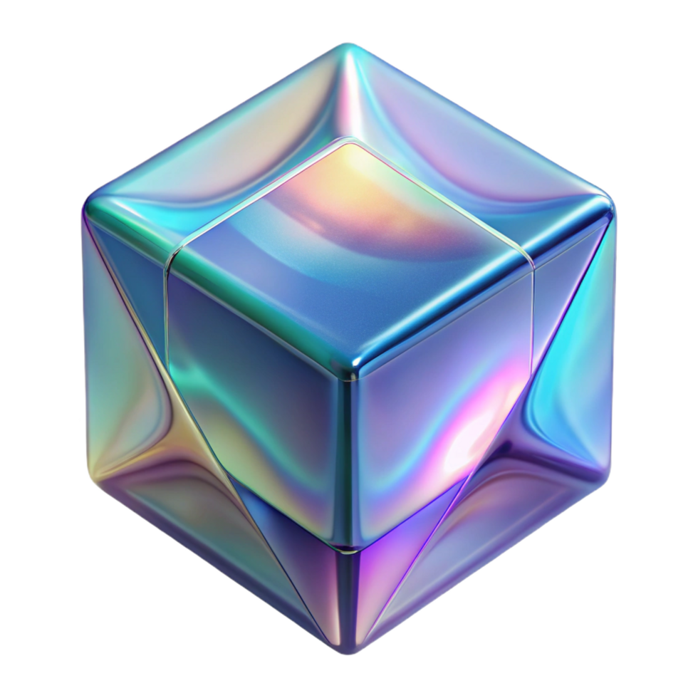 distinguished contemporary A floating, translucent cube with a holographic effect. NO BACKGROUND with Transparent Background. 4K png