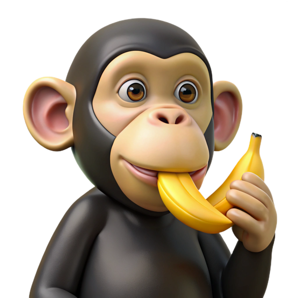 ethereal immaculate A chimpanzee eating a banana, NO BACKGROUND with Transparent Background. premium png
