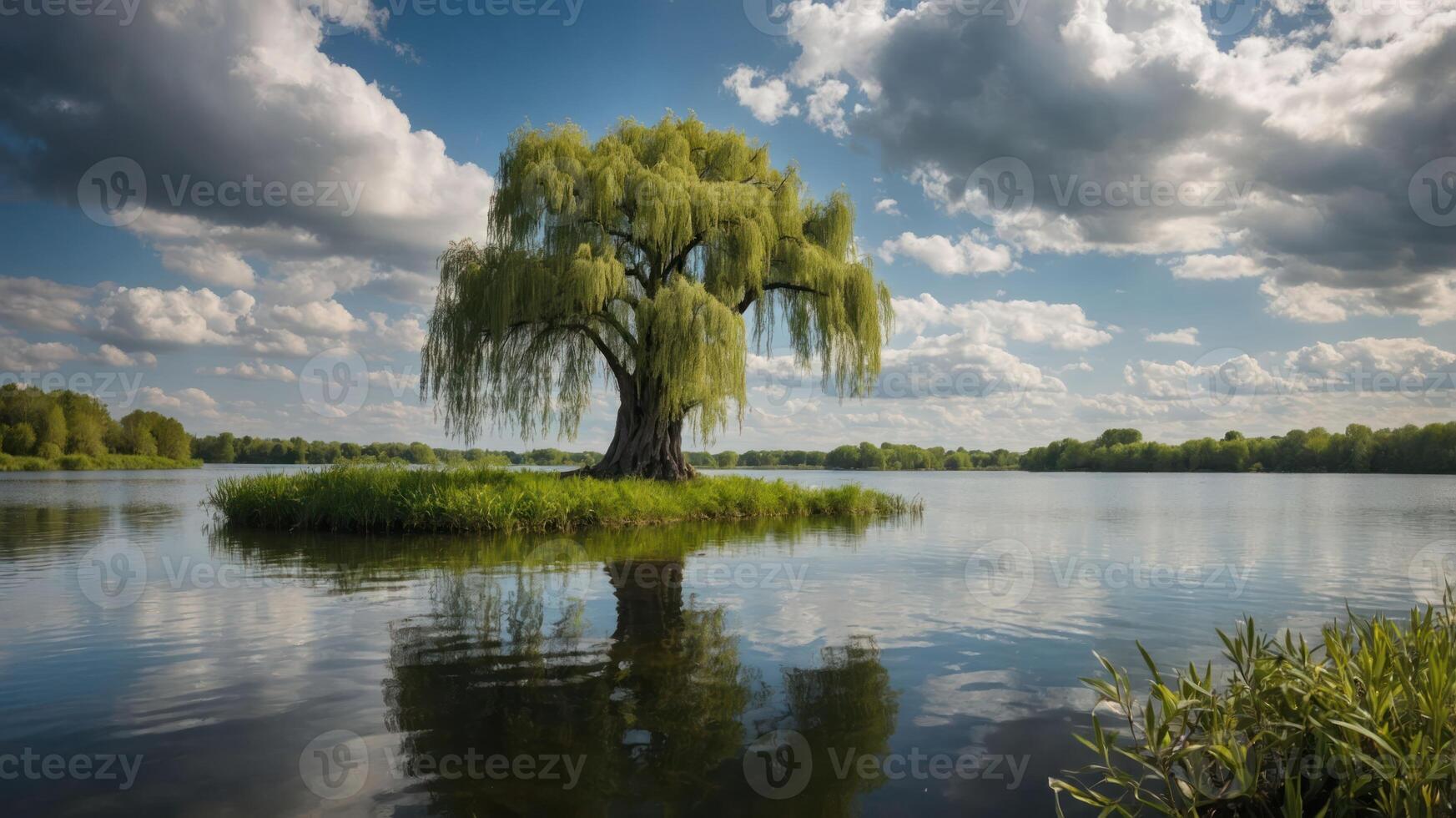 Willow Tree Standing on Small Island in Reflective Lake Scenery photo
