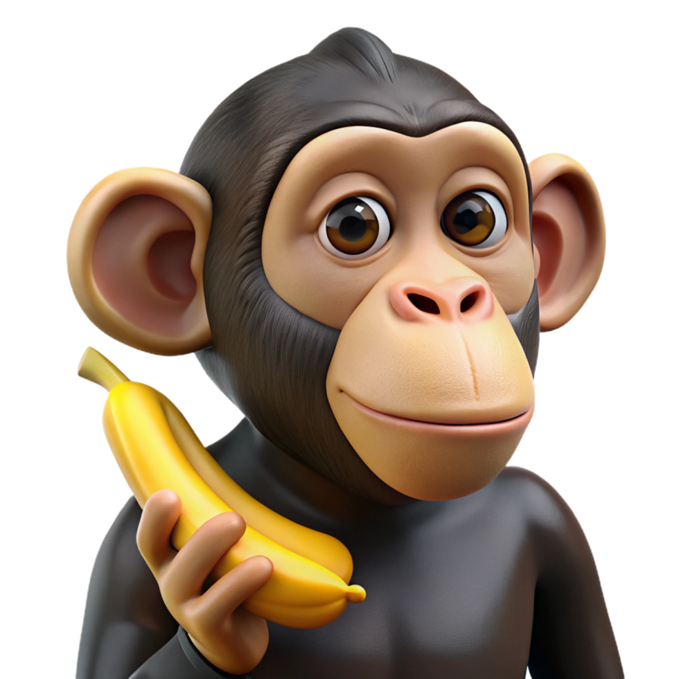 peaceful glorious A chimpanzee eating a banana, NO BACKGROUND with Transparent Background. refined png