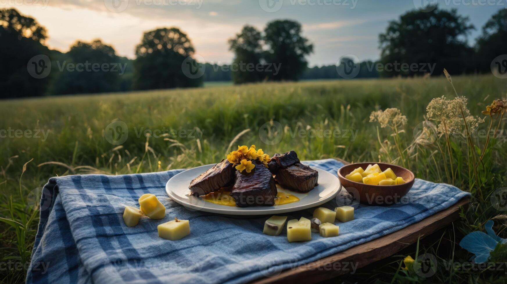 Steak Bites and Cheese Cubes Picnic in a Grassy Field photo