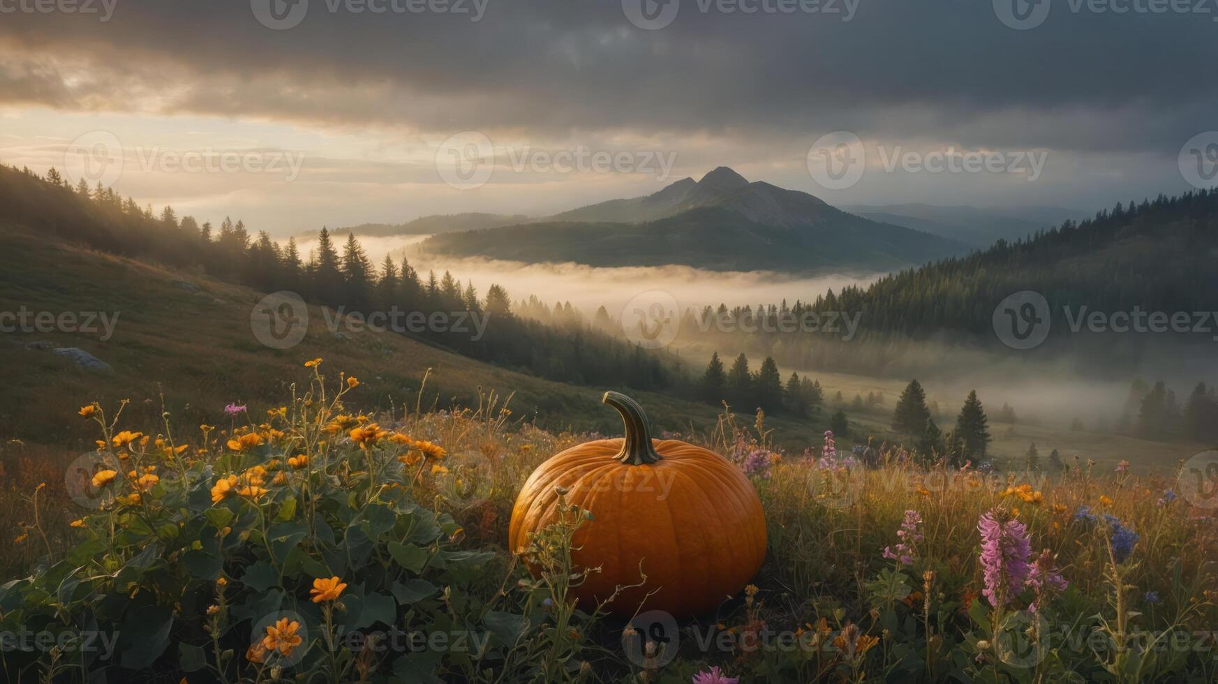 Pumpkin in Mountain Meadow with Foggy Forest and Overcast Sky photo