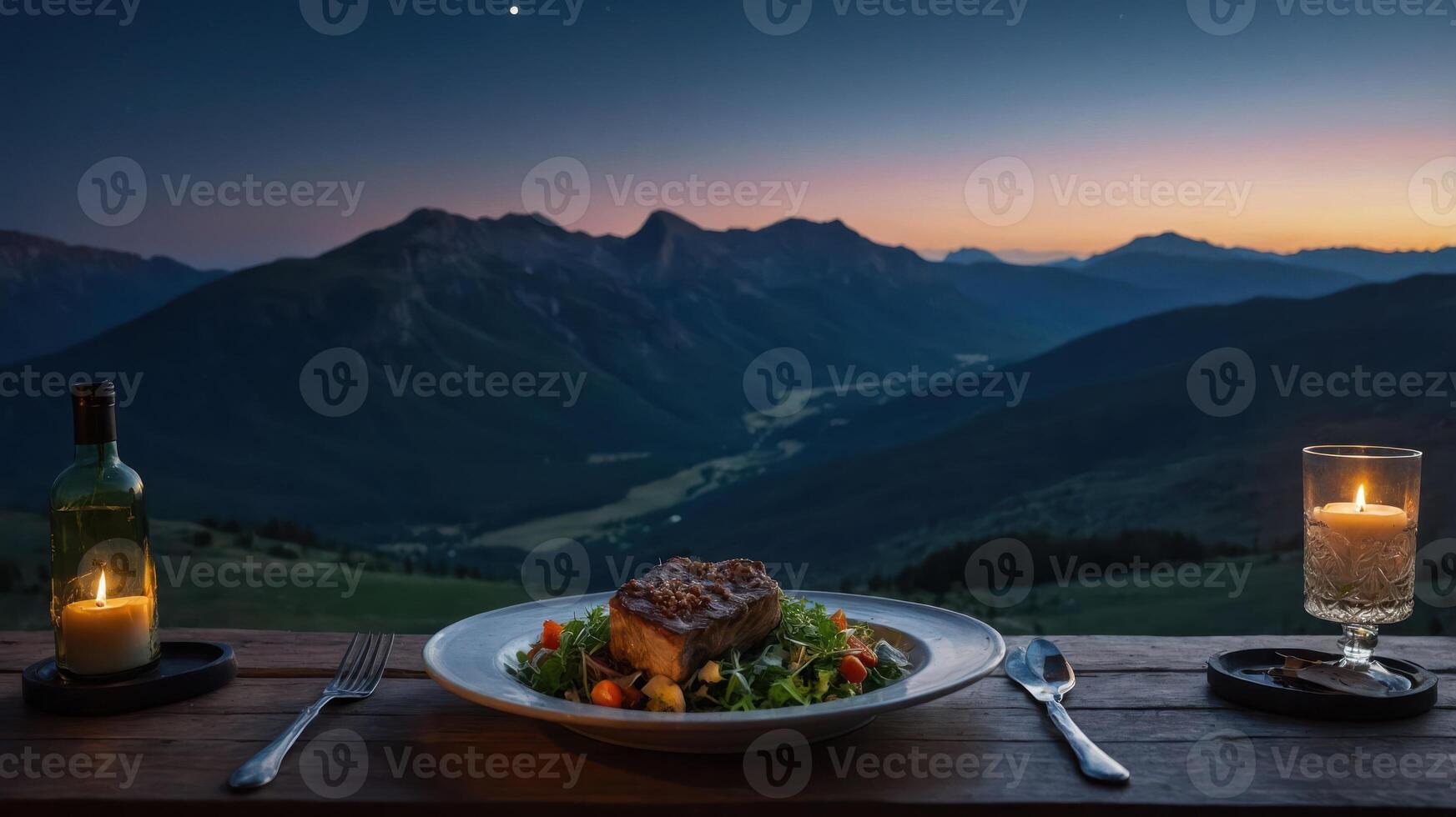 Dinner with a View Meat Dish and Mountain Scenery at Dusk photo