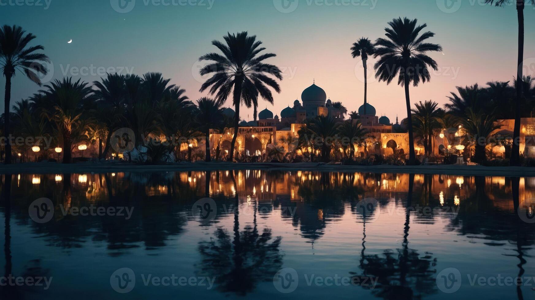 Palm Trees and Building Reflecting in Water at Dusk photo