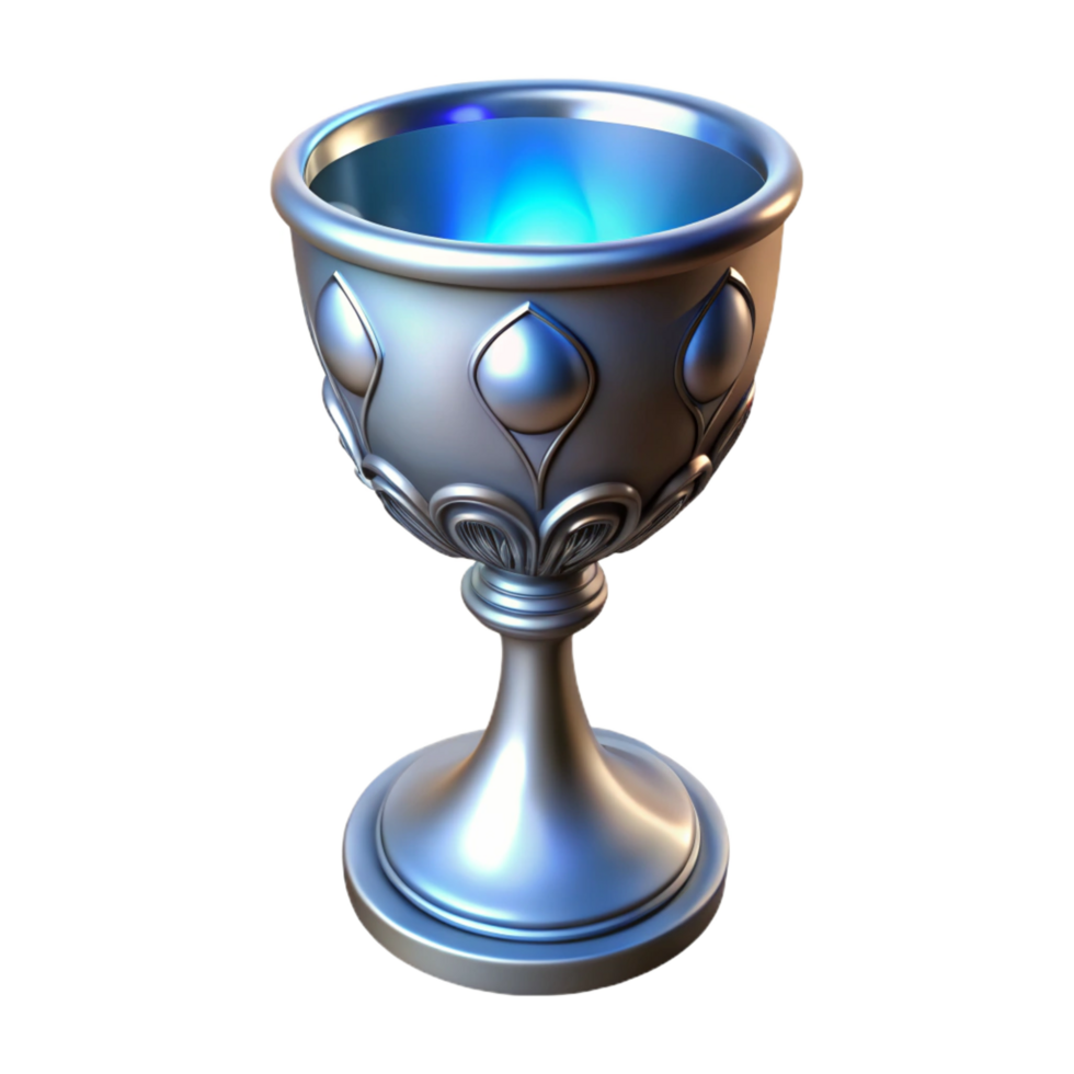 gorgeous retro A single, ornate silver chalice, filled with glowing liquid. NO BACKGROUND with Transparent Background. professional png